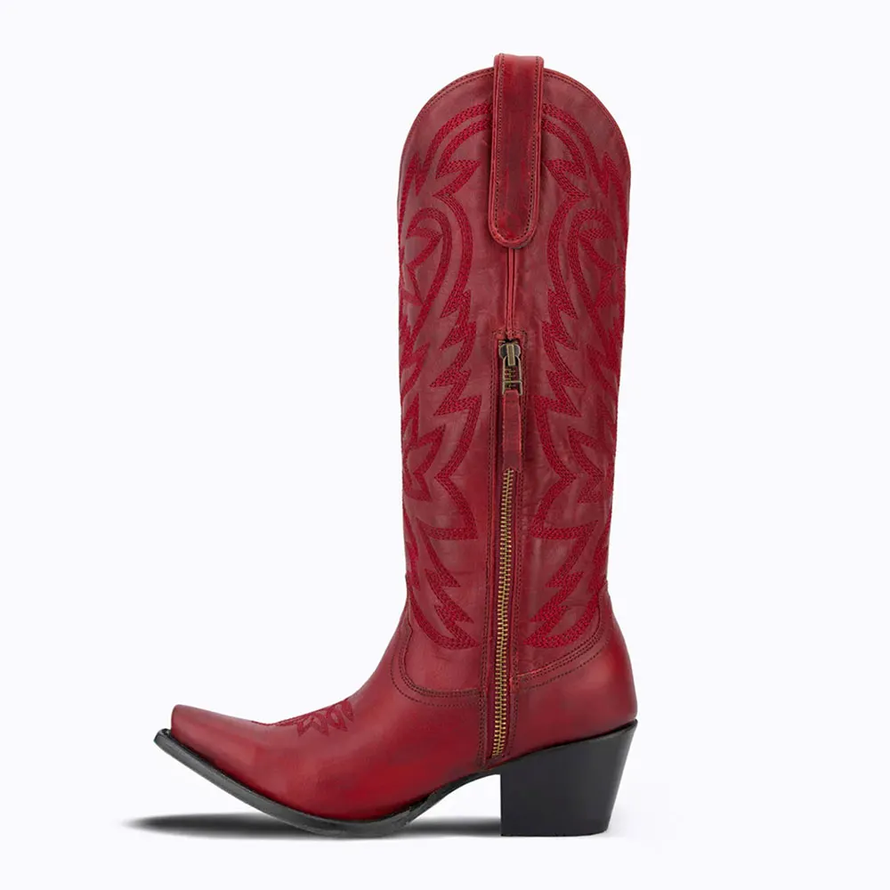 Distressed Block Heel Snip Toe Embroidered Red Cowgirl Boots