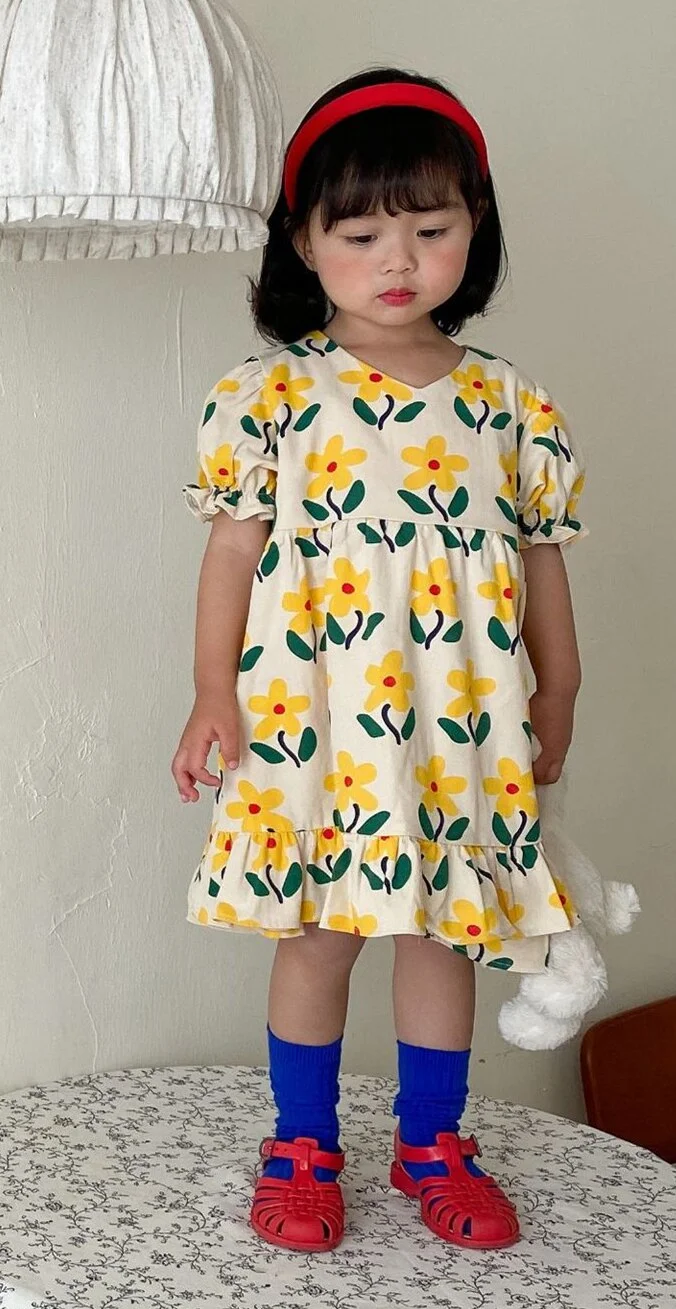 Retro Baby Spring Summer Girls Cotton Dress Kids Teenagers Children Clothes Outwear Puff Long Sleeve High Quality