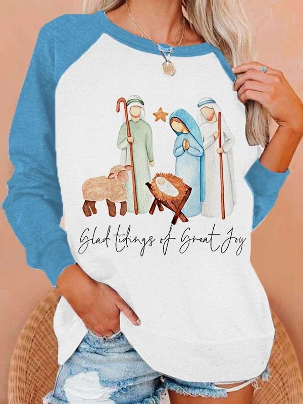 Women's Glad Tidings Of Great Joy Nativity Print Casual Sweatshirt