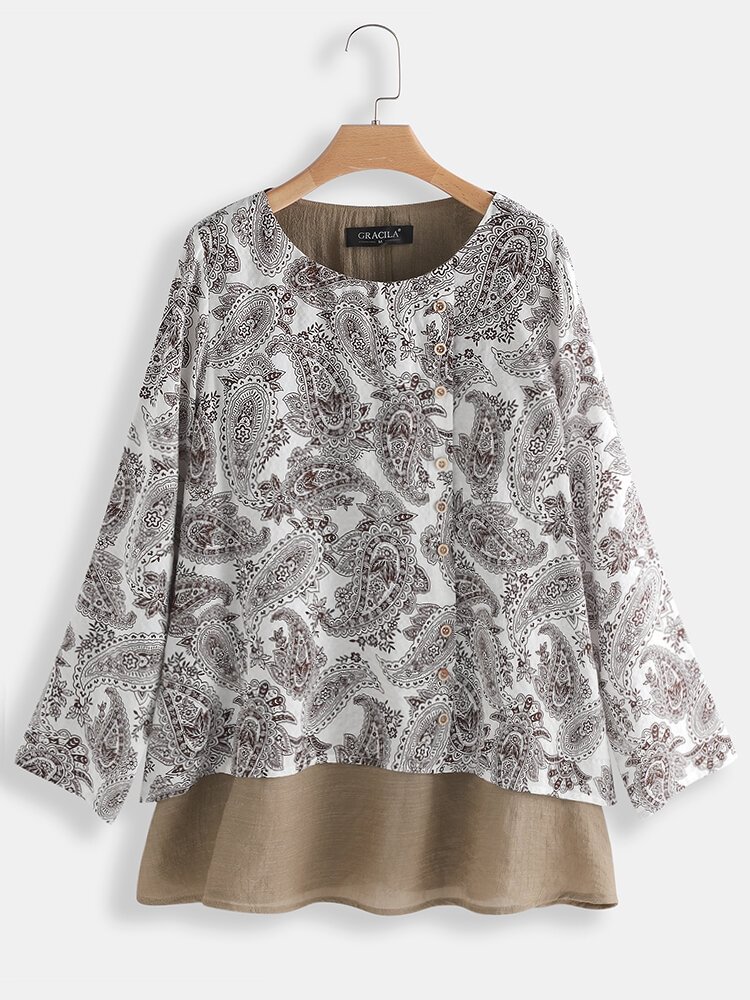 Fake Two Pieces Ethnic Print Long Sleeve Blouse For Women P1646025