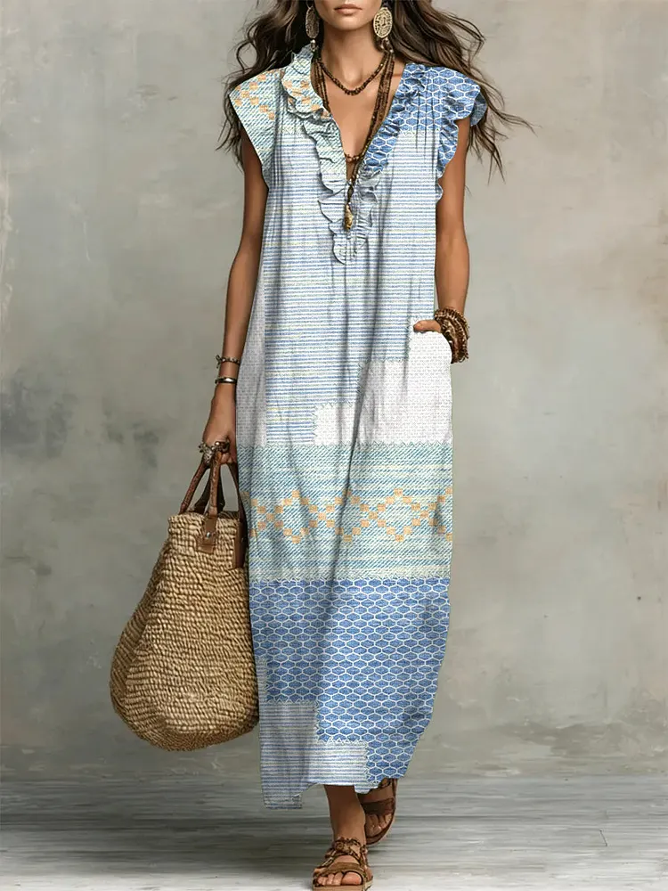 Women's Retro Geometric Pattern Art Print Casual Ruffled Stylish Cotton Linen Dress