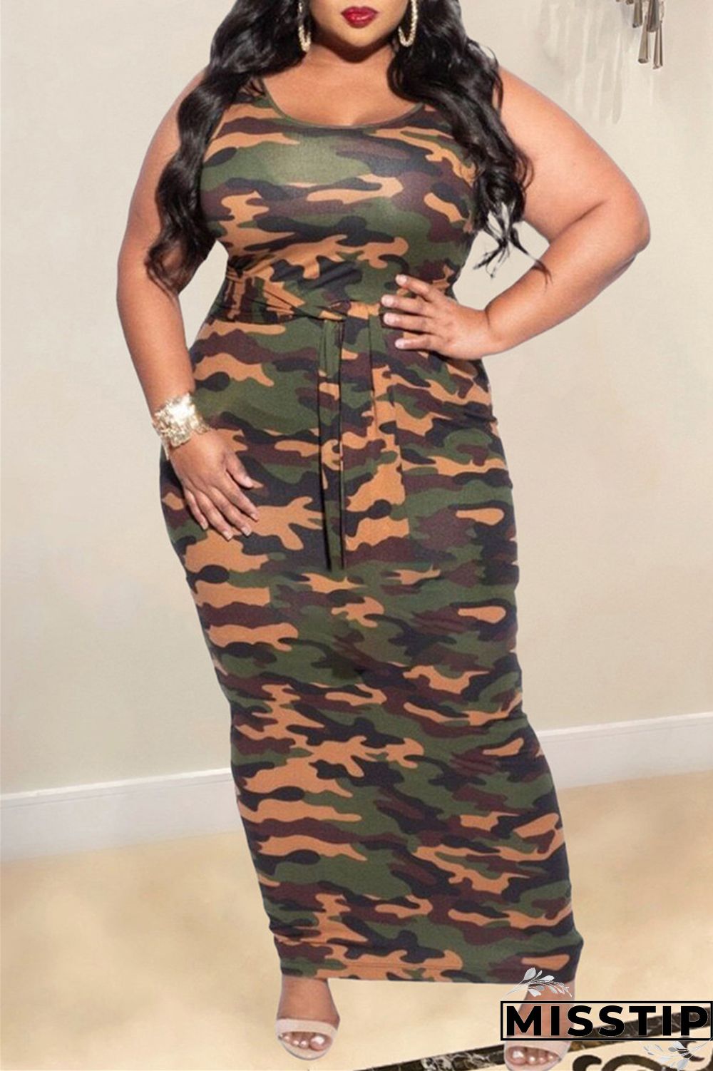 Camouflage Fashion Casual Plus Size Print Patchwork U Neck Vest Dress