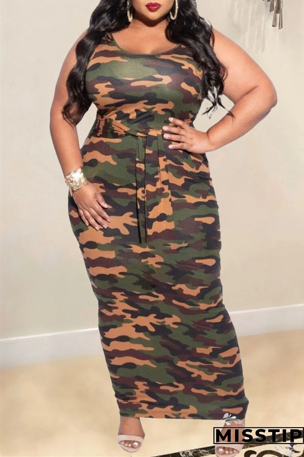 Camouflage Fashion Casual Plus Size Print Patchwork U Neck Vest Dress