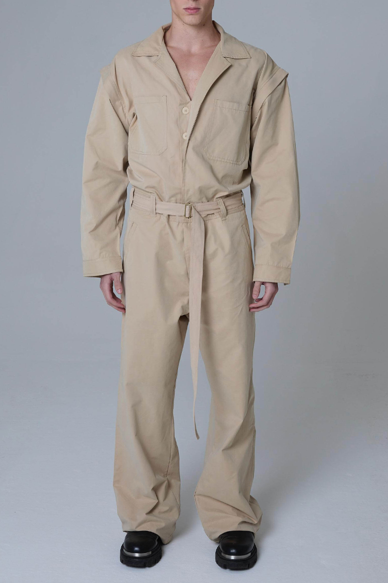 Casual Removable Sleeve Belted Khaki Straight Leg Jumpsuit [Pre-Order]