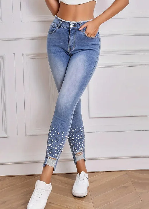 Slim Fit Light Blue Pockets Pearl Denim Pants Summer