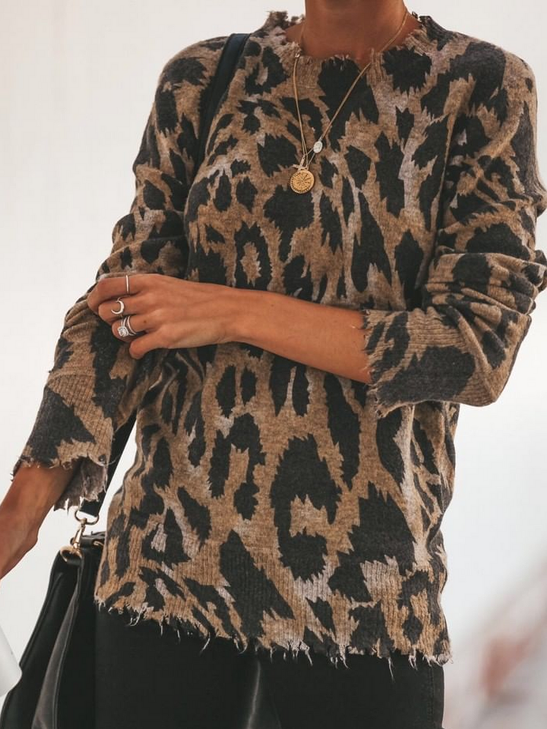Knitted Long Sleeve Leopard Print Sweater | EGEMISS