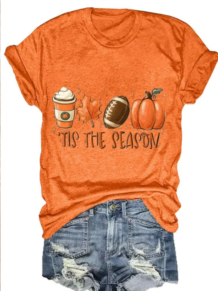 Women's Tis The Season Pumpkin Football Maple Leaf Autumn Print T-Shirt