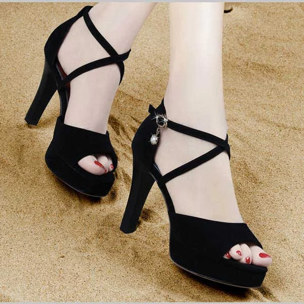 Qengg Heels Party Ankle Strap Summer Sandals Galadiator Zapatos Mujer Chunky High Heels Ladies Pointed Toe Pumps Women Shoes