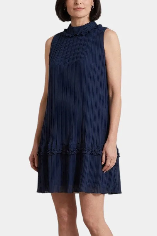 High-Neck Pleated Sleeveless A-Line Dress with Ruffled Hem