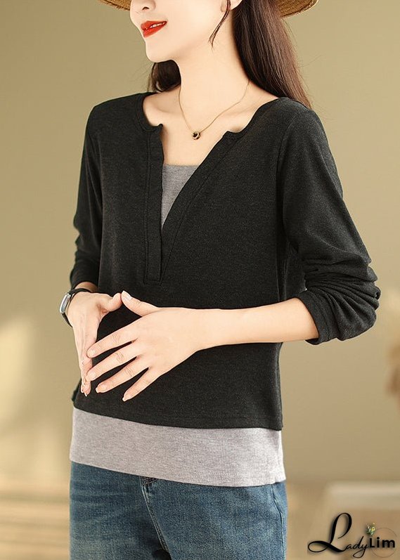 Black Patchwork Versatile Cotton T Shirts V Neck False Two Pieces Fall