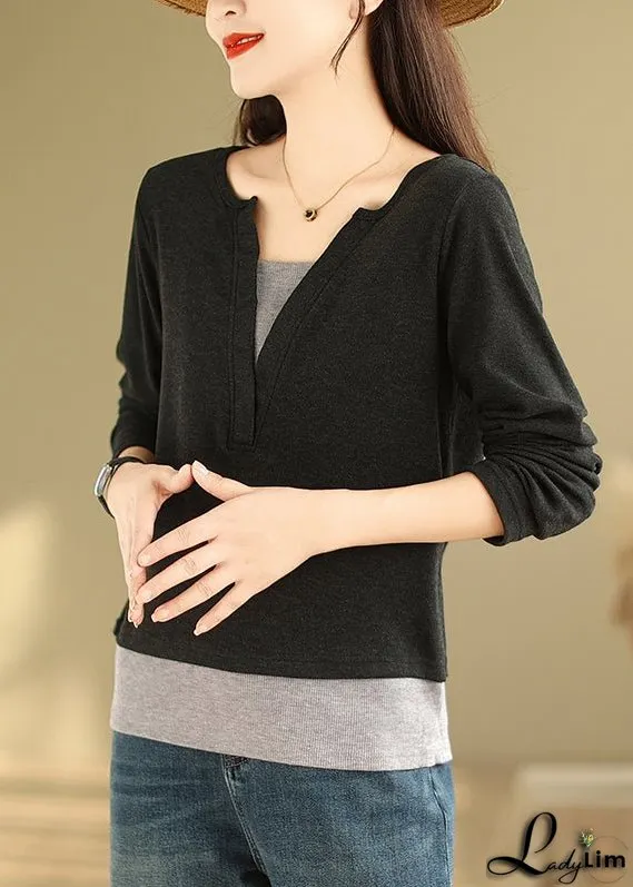 Black Patchwork Versatile Cotton T Shirts V Neck False Two Pieces Fall