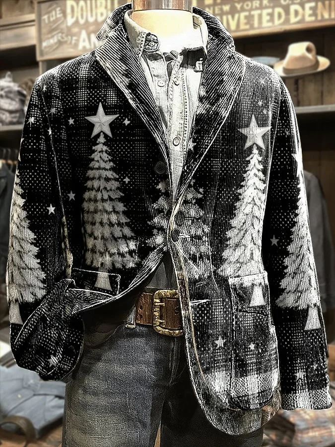 Men's Winter Temperament Black and White Christmas Print Suit Jacket 