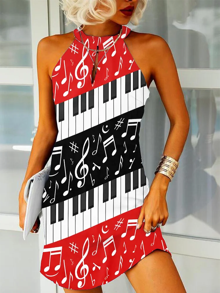 Music Notes Print Slim Fit Sleeveless Mini Dress