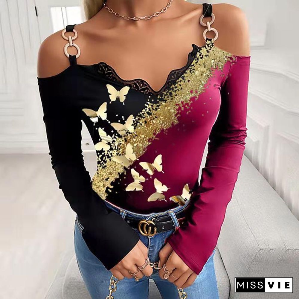 Off Shoulder Hot Stamping Butterfly Top