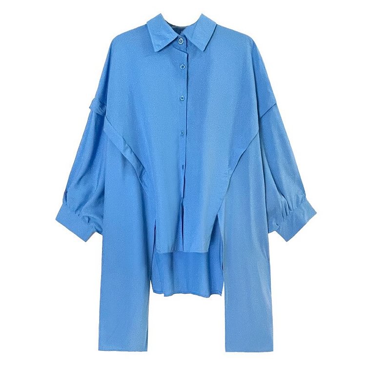 Fashion Solid Color Lapel Patchwork Irregular Batwing Long Sleeve Short Front Long Back Shirt    