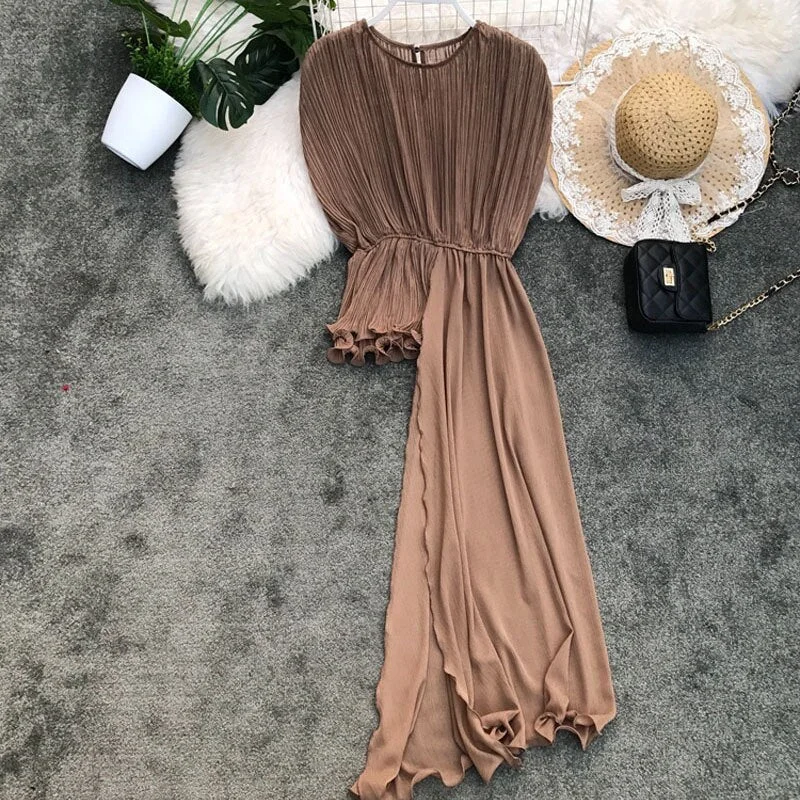 Summer Pleated Round Neck Slim Chiffon Shirt Women's Casual Wild Sleeveless Shirt Solid Color Fashion Personality WA479