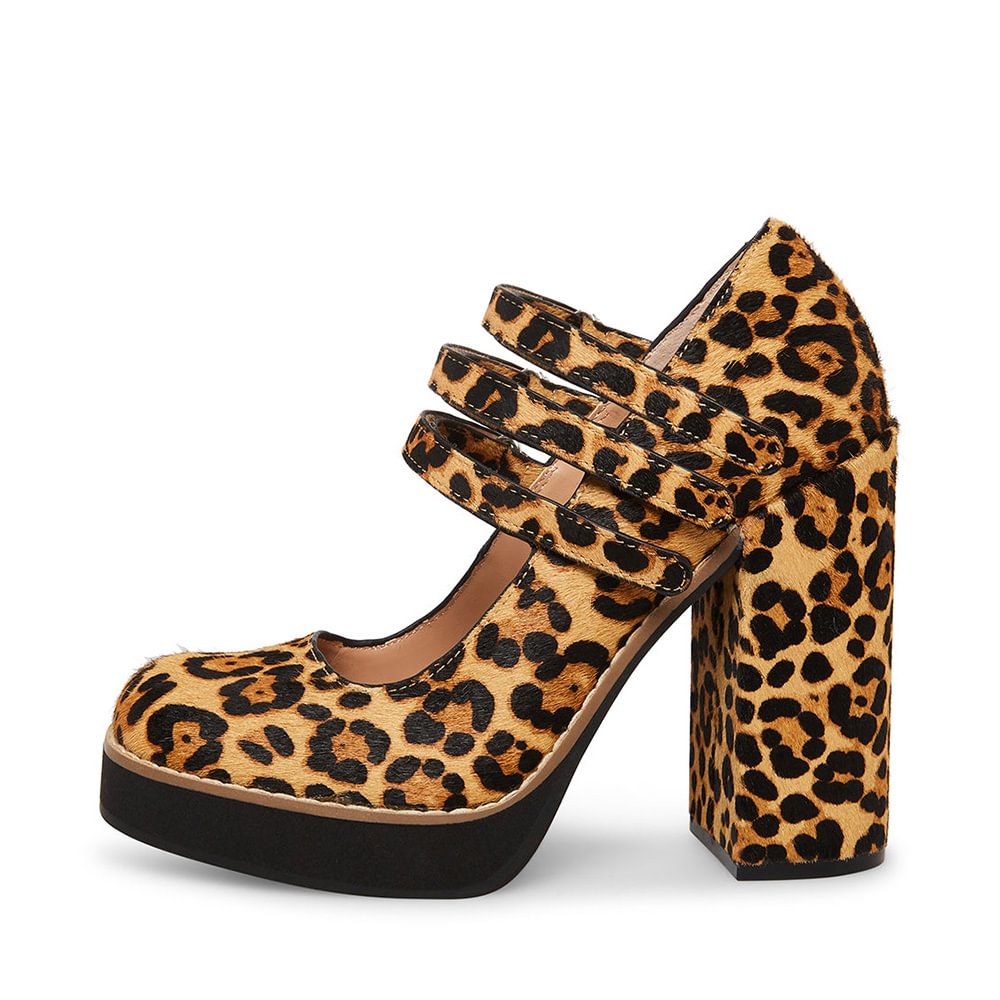 Leopard Square Toe Platform Mary Jane Shoes Y2K Buckle Chunky Pumps Nicepairs