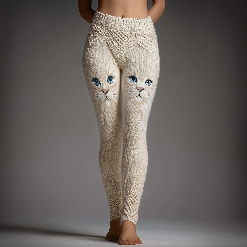 Cute Cat Face Embroidered Cozy Knit Leggings elevenforest