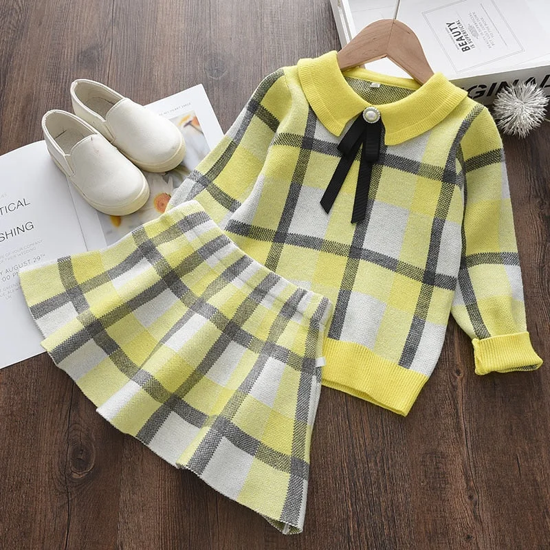 Bear Leader Girls Baby Winter Knitted Clothes Sets Fashion Kids Elegant Plaid Sweaters Tops And Skirt Outfits Princess Knitwear