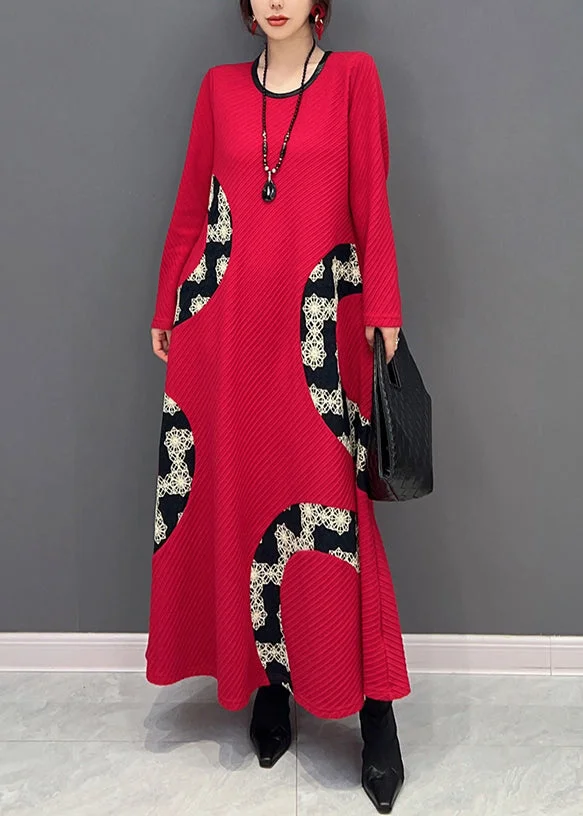 Women Red O Neck Print Patchwork Knit Long Dress Fall