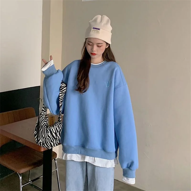 Crewneck Letter Embroidery Long Sleeves Sweatshirt Women Harajuku Hoodie Korean Solid Color Fashion Oversize Tops Women Clothing