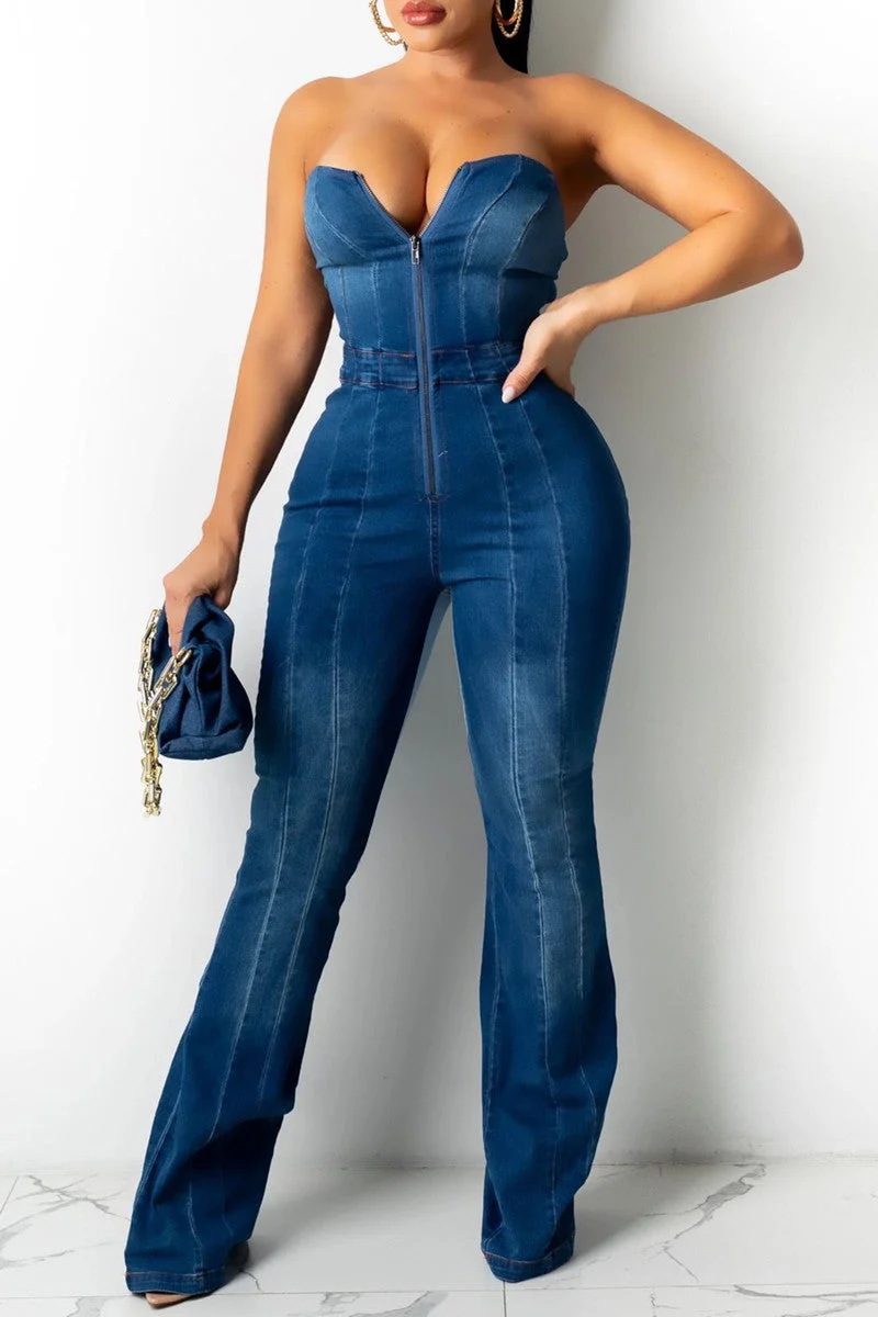 Fashion Sexy Patchwork Backless Strapless Regular Jumpsuits