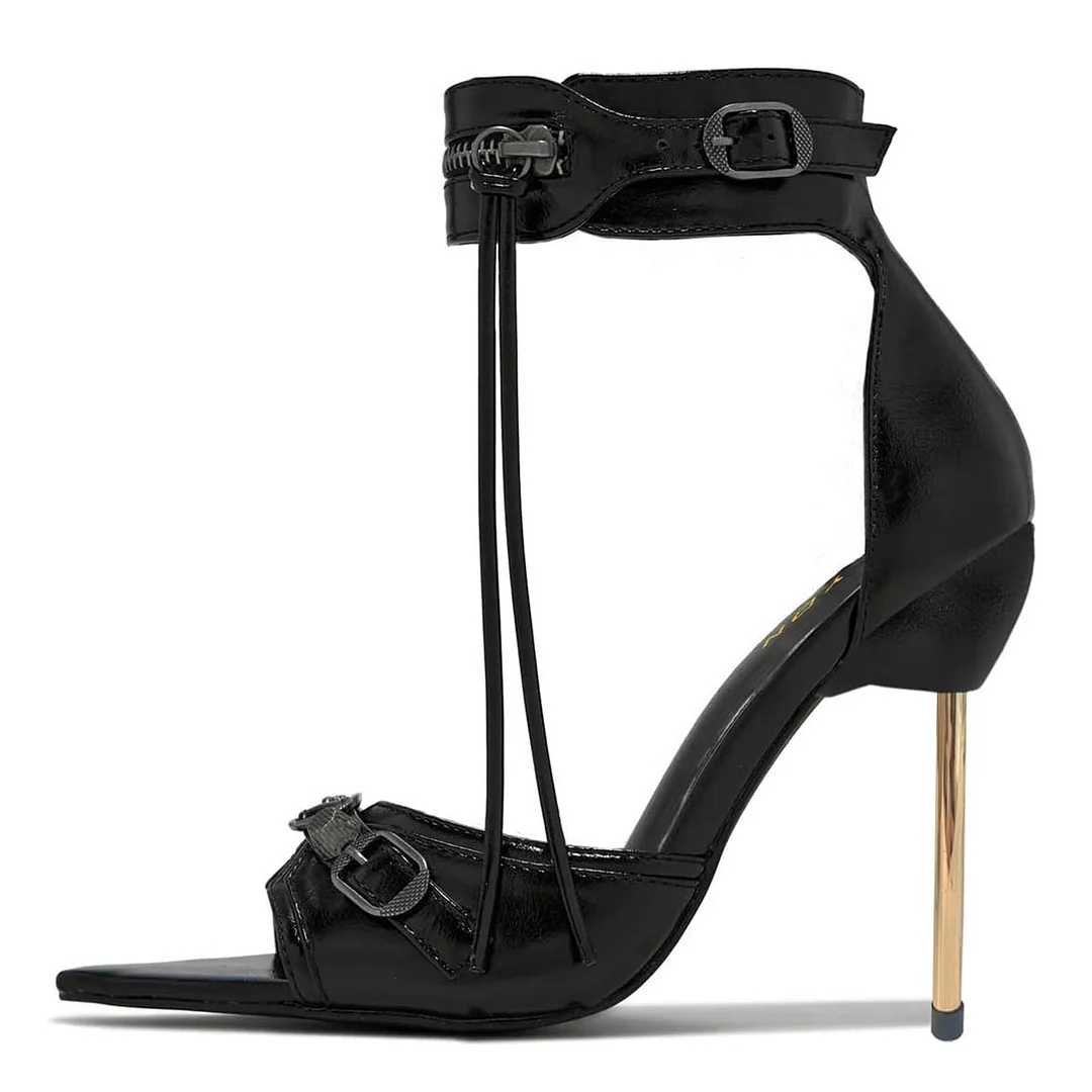 Black Buckle Open-Toe Zipped Ankle Strap Women's Heel Sandals
