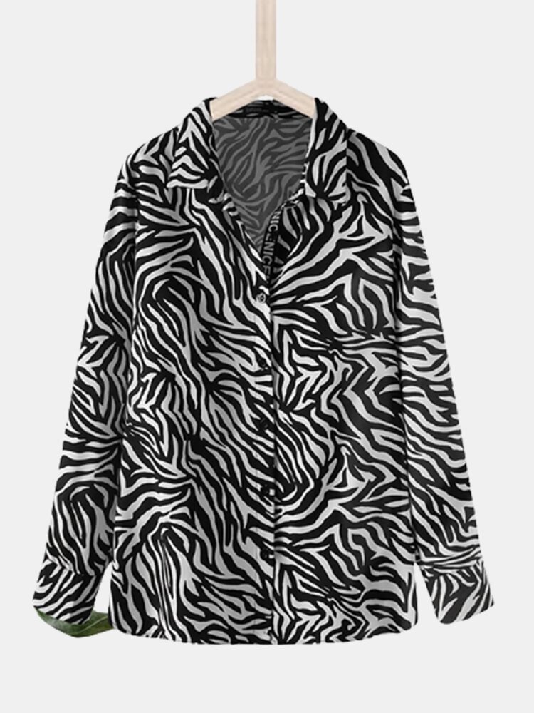 Zebra Striped Print Button Long Sleeve Casual Blouse for Women P1805532