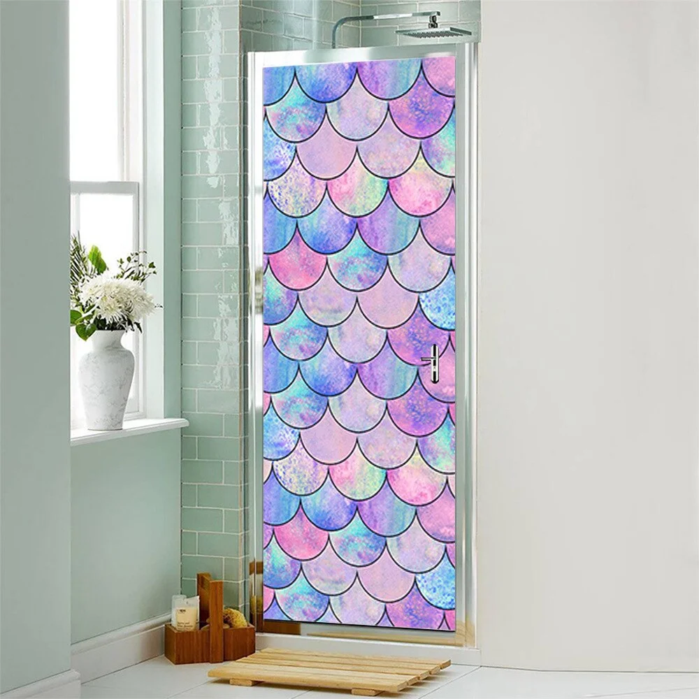 Athvotar 3D Mermaid Watercolor Scales Door Sticker Self Adhesive Wallpaper DIY Renovation Waterproof Poster Home Decor Decal