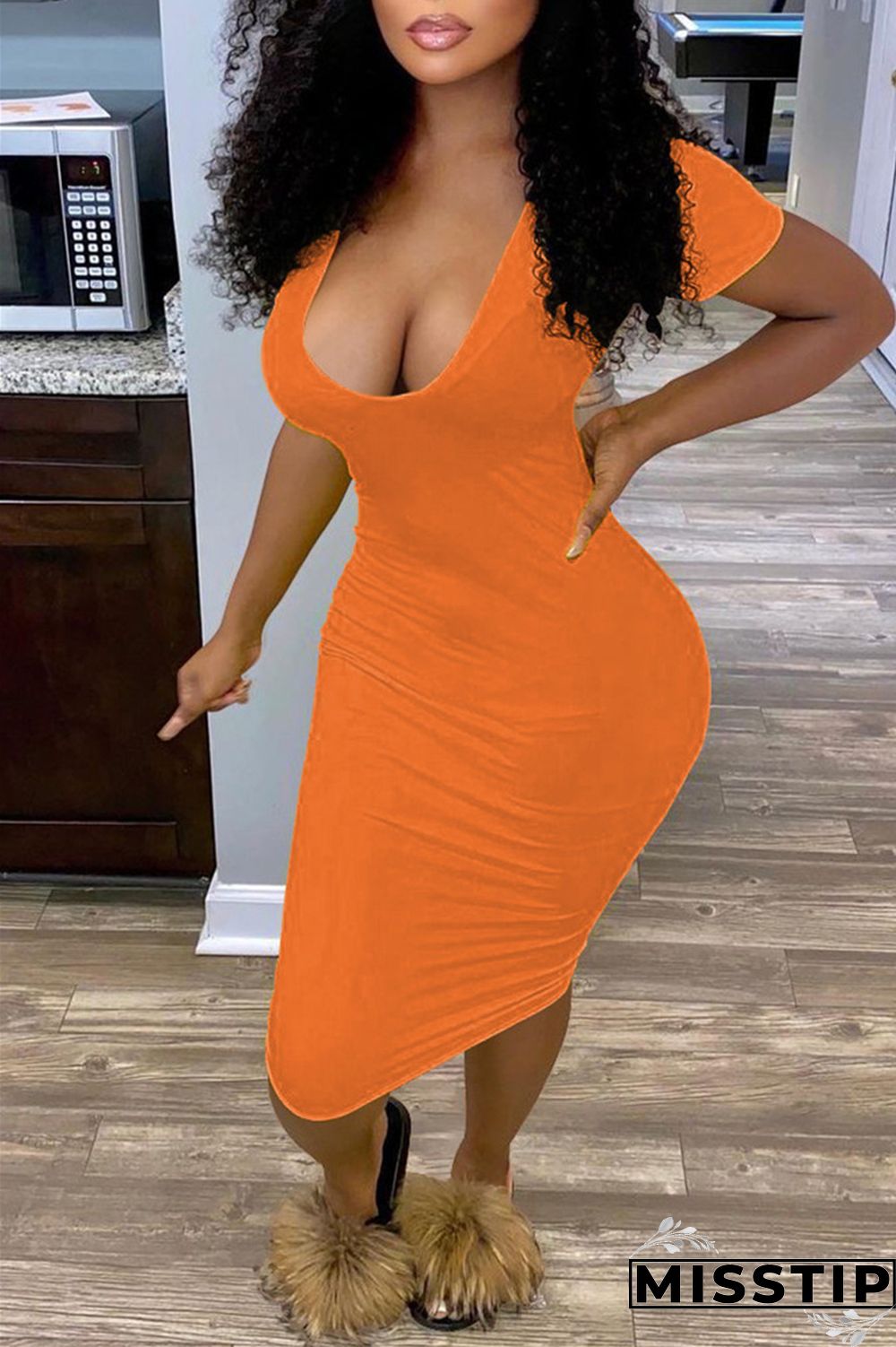 Orange Fashion Sexy Solid Basic V Neck Short Sleeve Dress