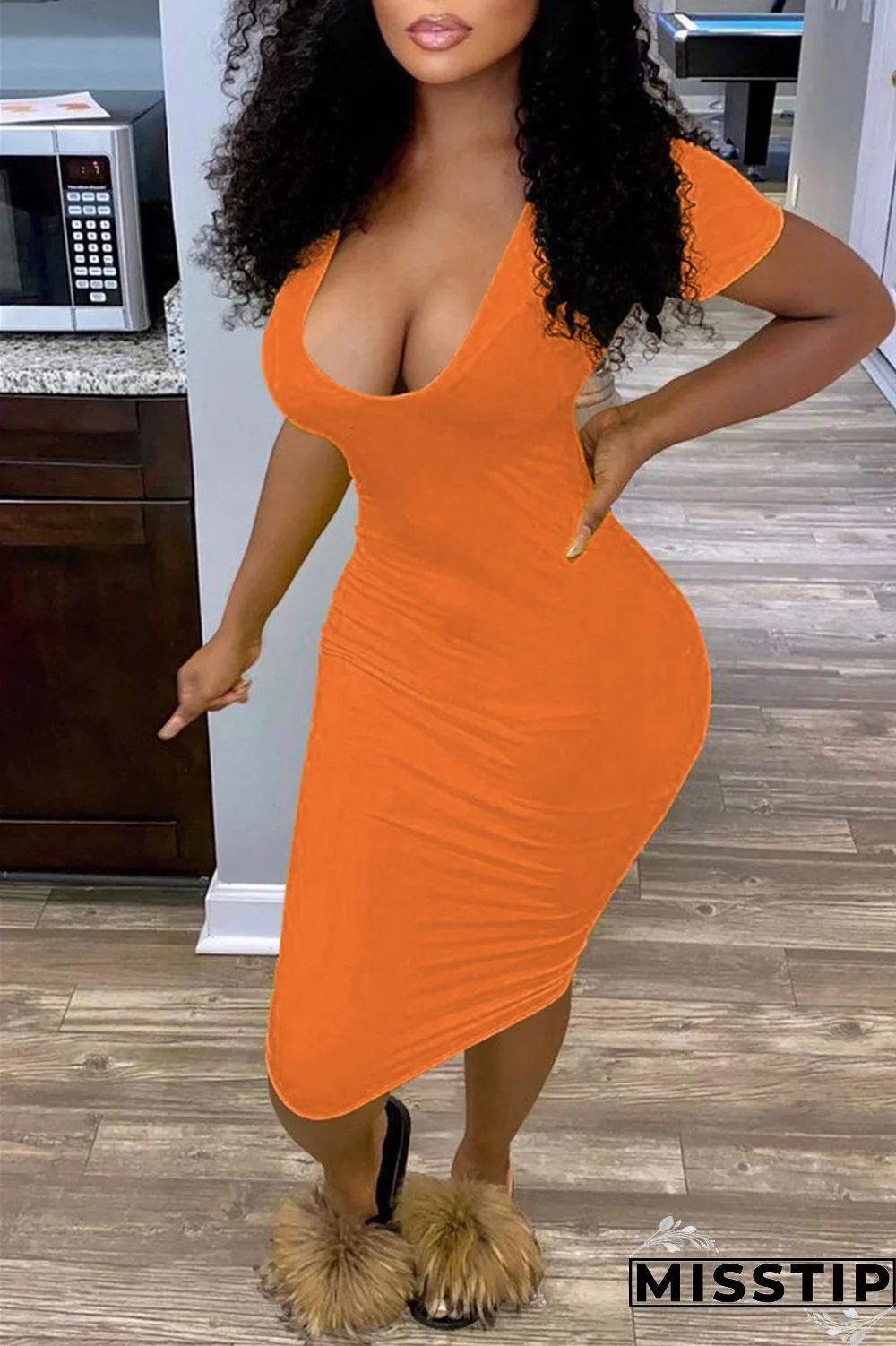 Orange Fashion Sexy Solid Basic V Neck Short Sleeve Dress