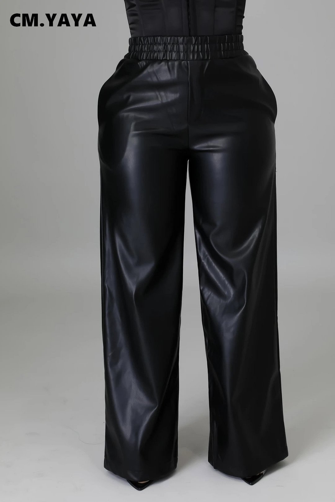 CM.YAYA Women Faux Leather Straight High Waist PU Pants INS Elegant Autumn Winter Solid Wide Leg Black Trousers
