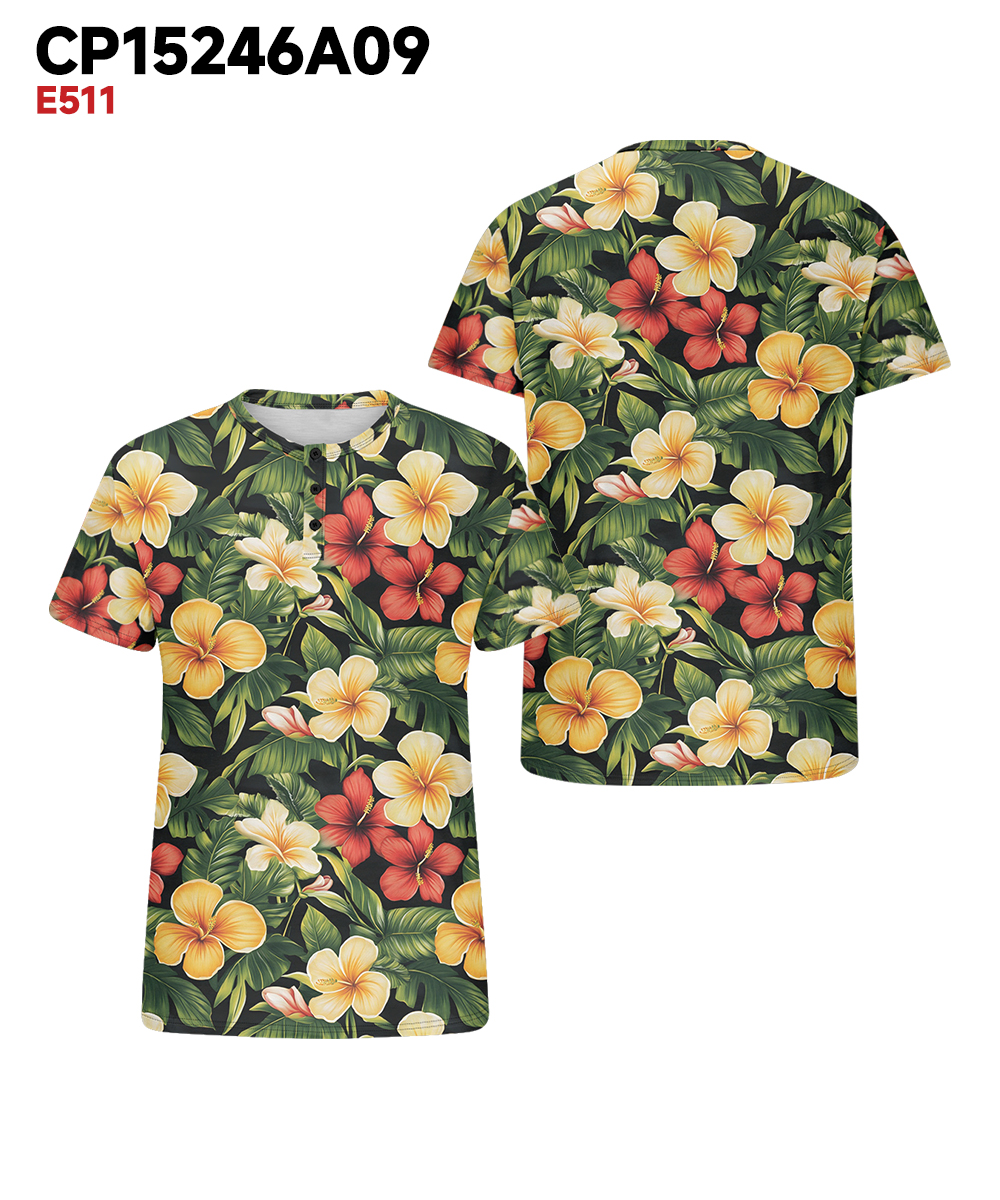 Men's Plus Size Hawaiian Red And Yellow Floral Print Henry Collar Button Short Sleeve Tee