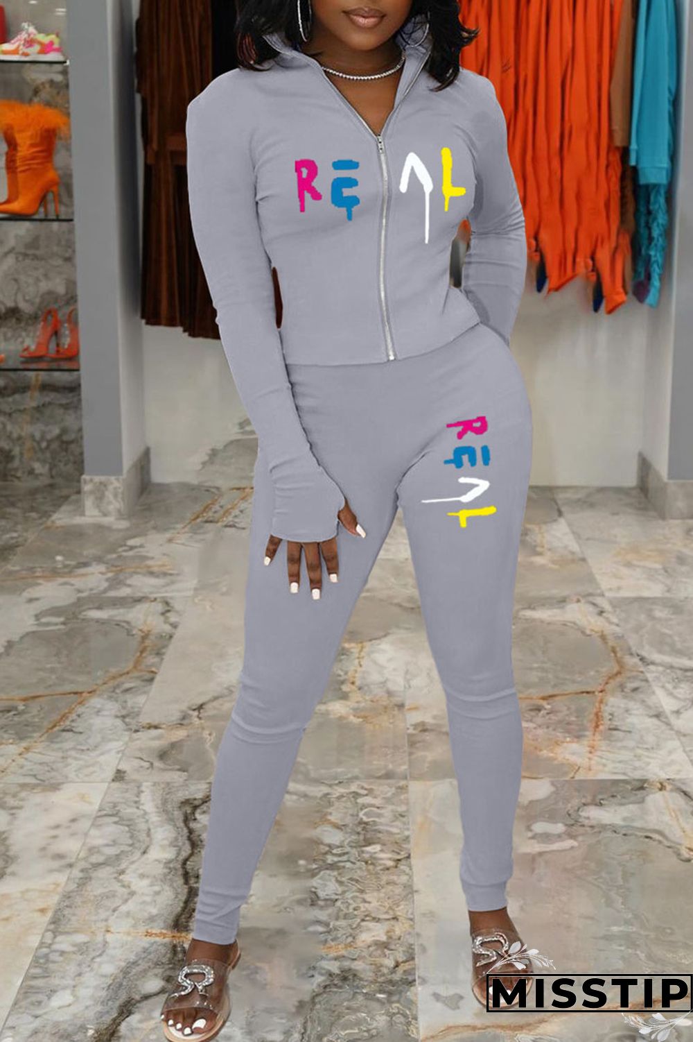 Apricot Casual Print Patchwork Zipper Collar Long Sleeve Two Pieces