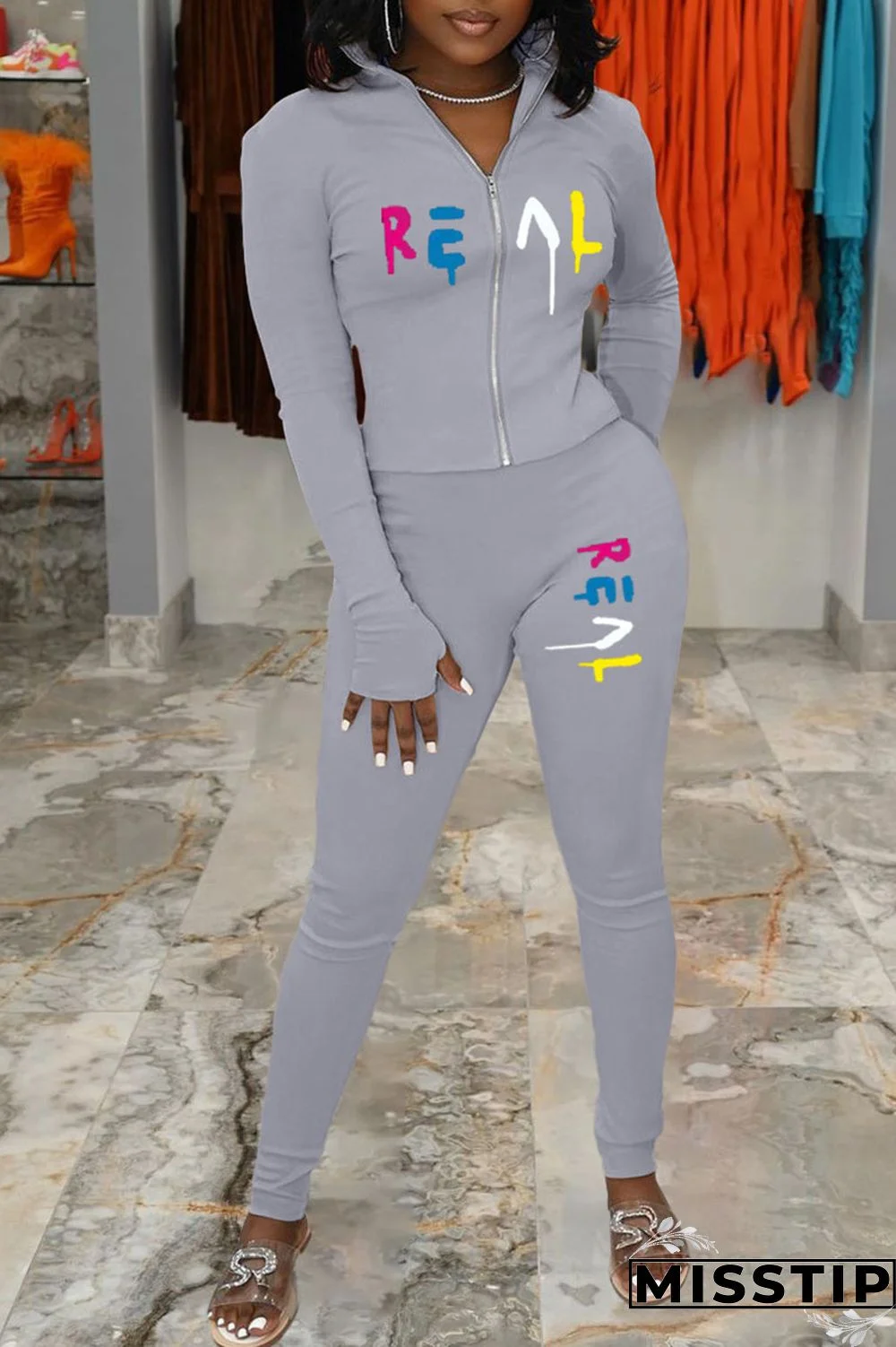 Apricot Casual Print Patchwork Zipper Collar Long Sleeve Two Pieces