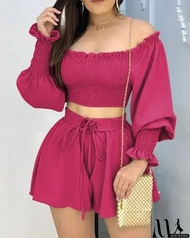 MidiSono - Women Fashion Sexy Off Shoulder Long Sleeve Top Shorts Two-Piece Set
