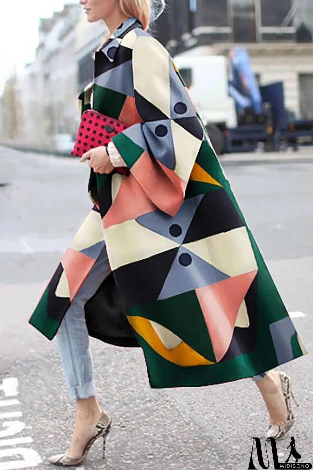 MidiSono - Yellow Blue Street Camouflage Print Patchwork Turndown Collar Outerwear