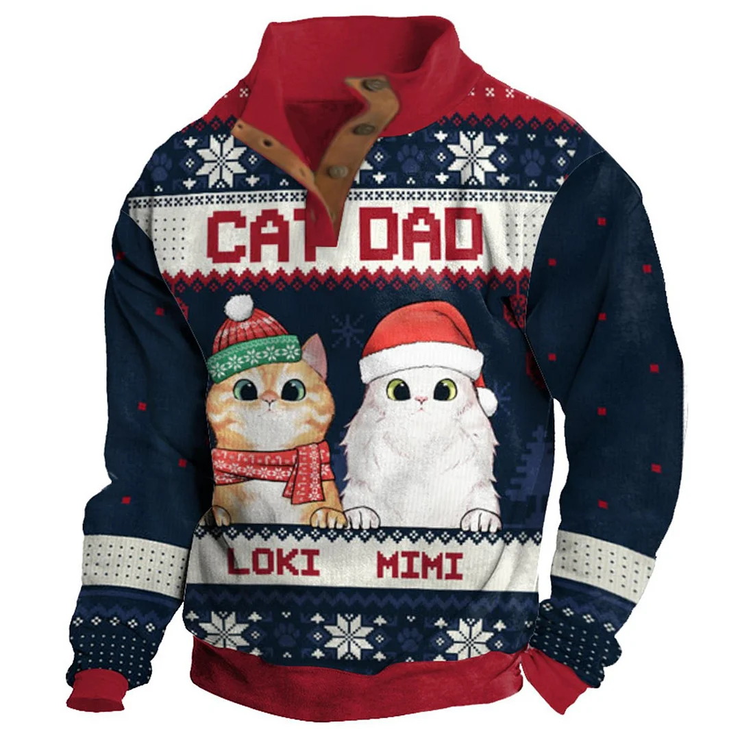 Men's Sweatshirt Cat Dad Christmas Buttons Stand Collar Daily Tops / DarkAcademias /Darkacademias