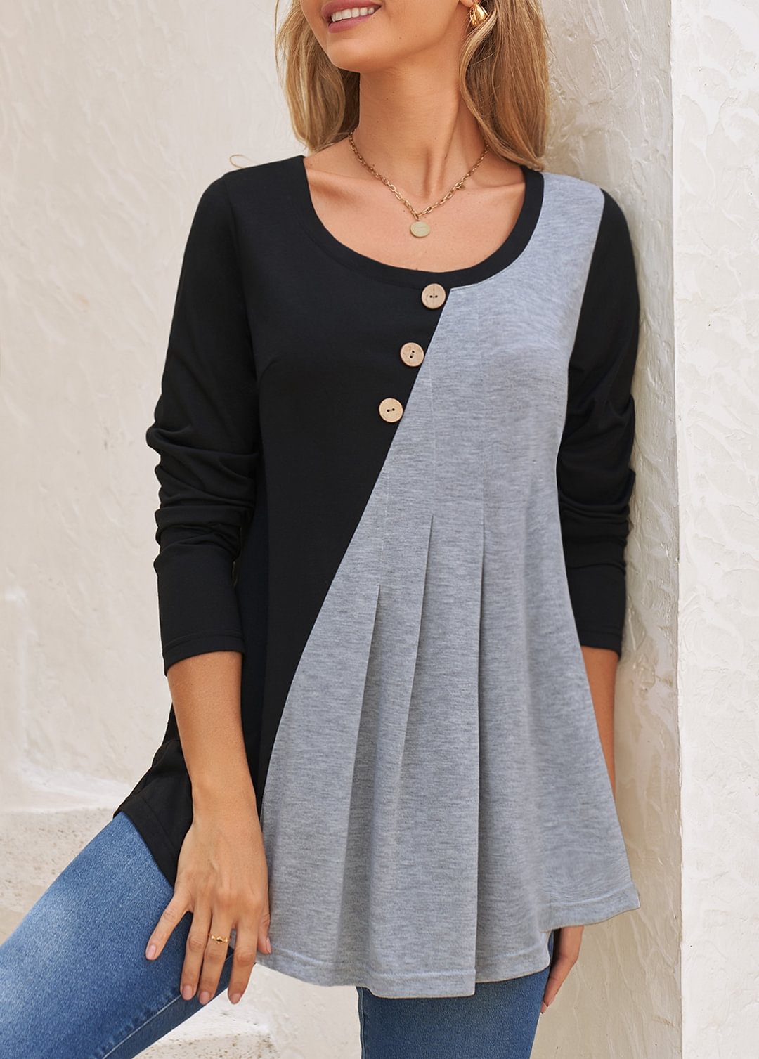 Black Decorative Button Fold T Shirt