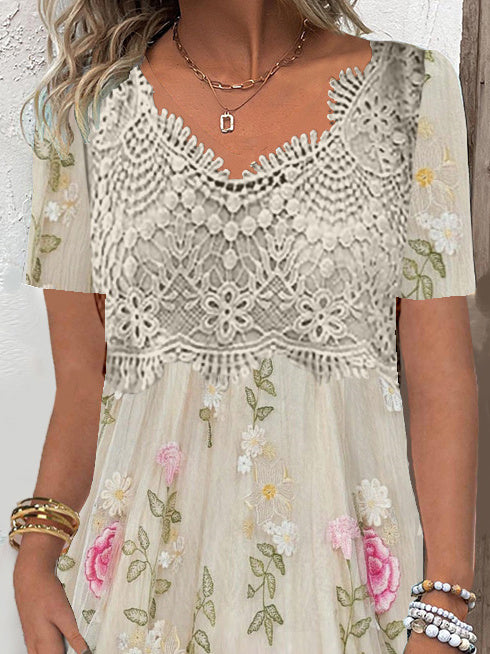 Women's Short Sleeve V-neck Floral Printed Lace Stitching Midi Dress