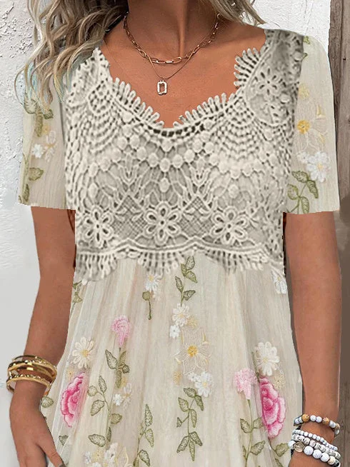 Women's Short Sleeve V-neck Floral Printed Lace Stitching Midi Dress