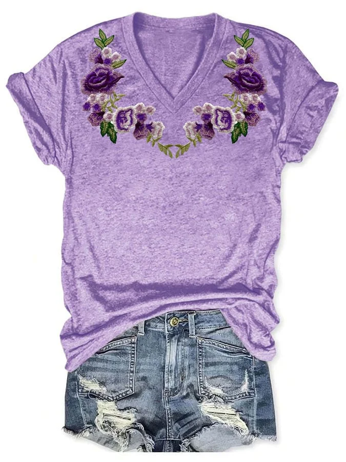 Women's Alzheimer's Awareness Purple Floral Print V-Neck T-Shirt socialshop