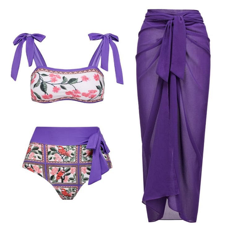 Flaxmaker Bowknot Tie-shoulder Printed Bikini Swimsuit and Sarong