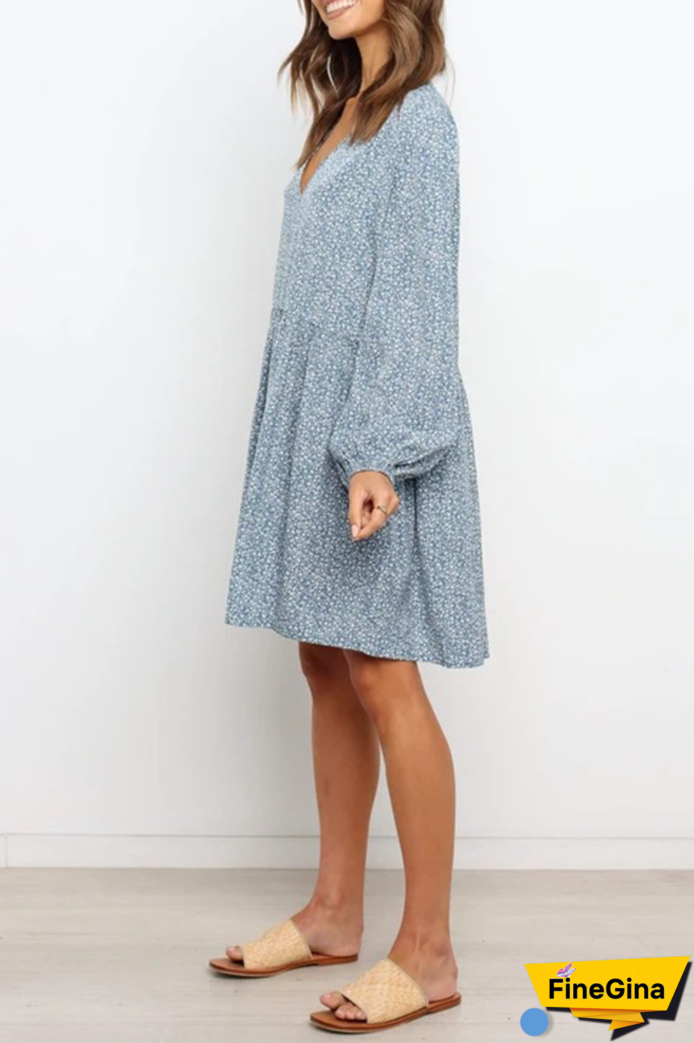 Fashion Elegant Print Split Joint V Neck A Line Dresses