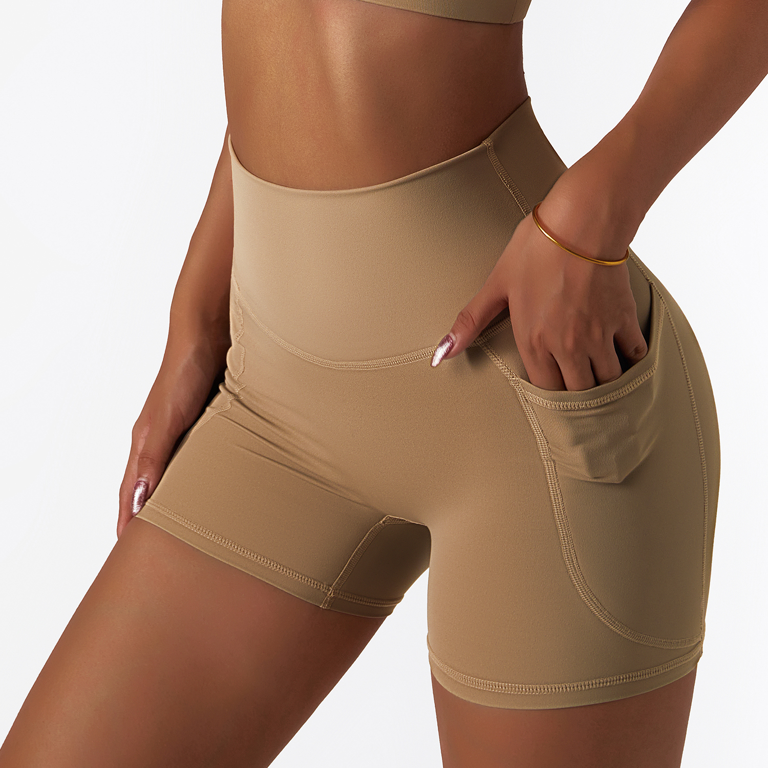 Buy Sand Brown different colors and types of high rise no camel toe squat proof tummy control comfort lightweight buttery soft thin opaque fitness gym shorts on Hergymclothing