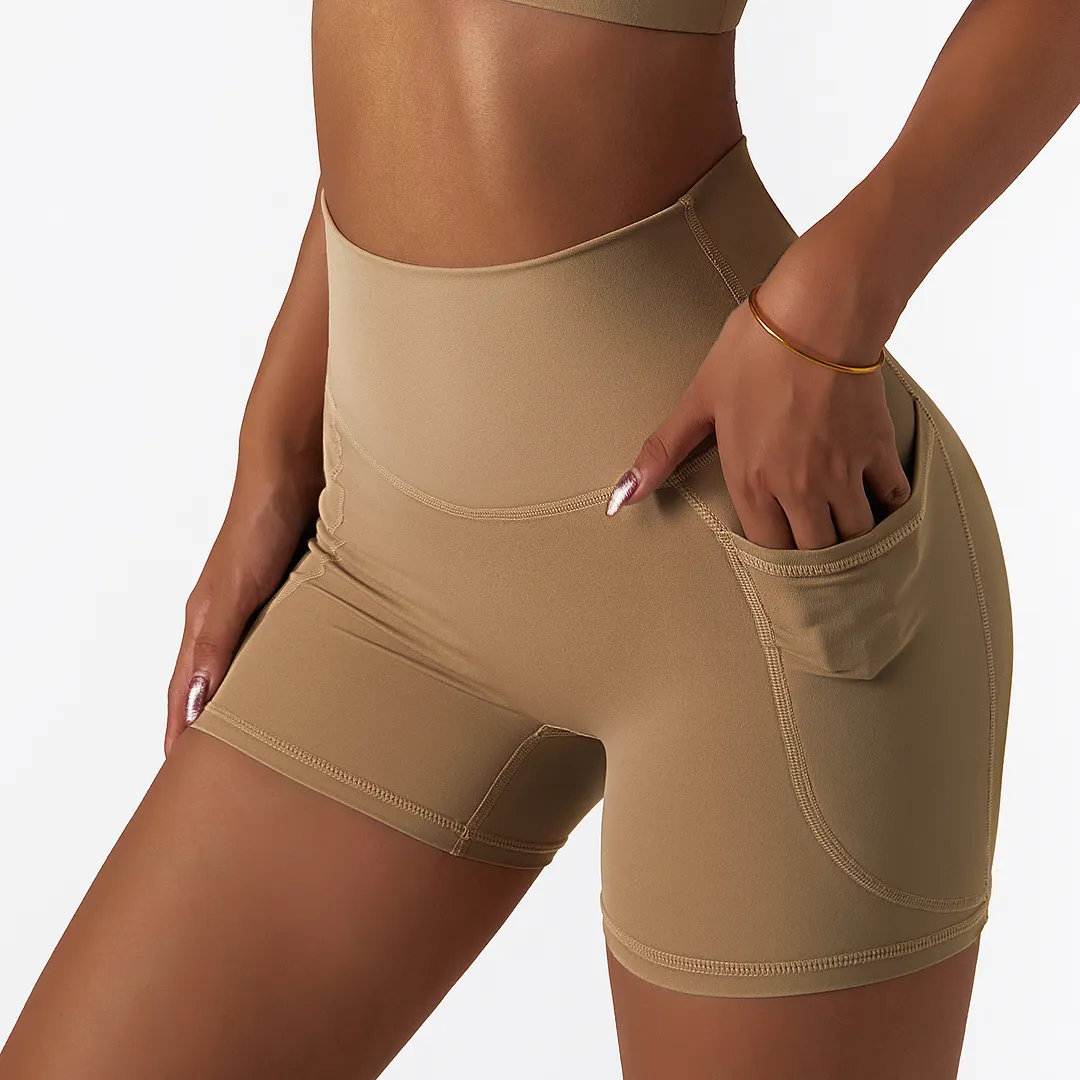 Buy Sand Brown different colors and types of high rise no camel toe squat proof tummy control comfort lightweight buttery soft thin opaque fitness gym shorts on Hergymclothing