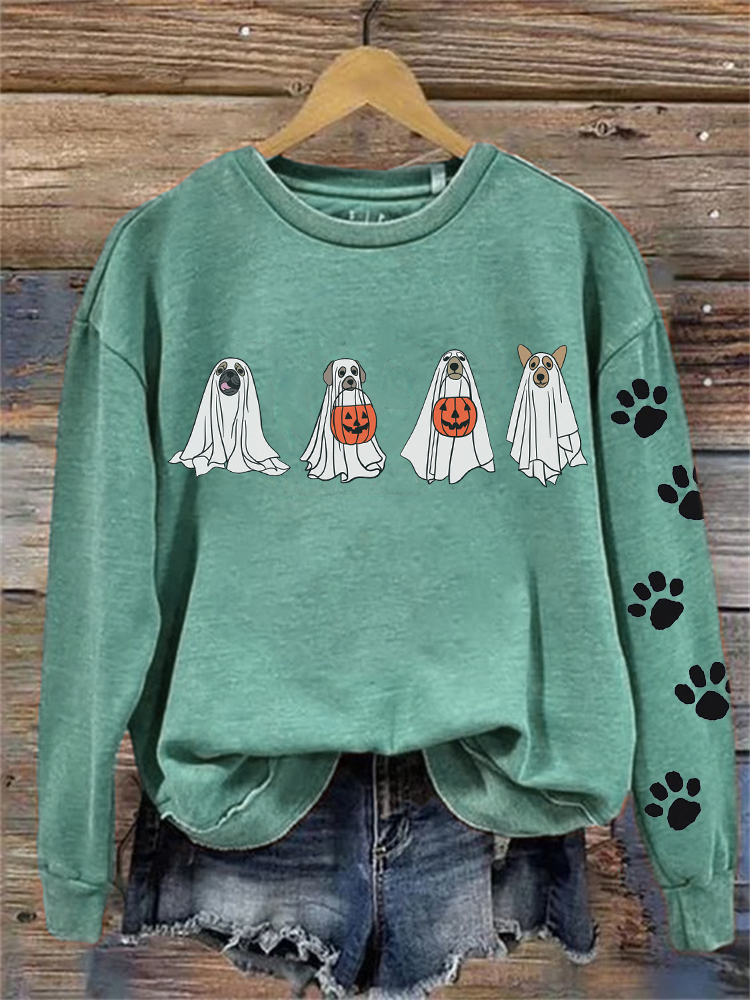 Lovely Halloween Ghost Dogs Paw Prints Washed Sweatshirt wearshes