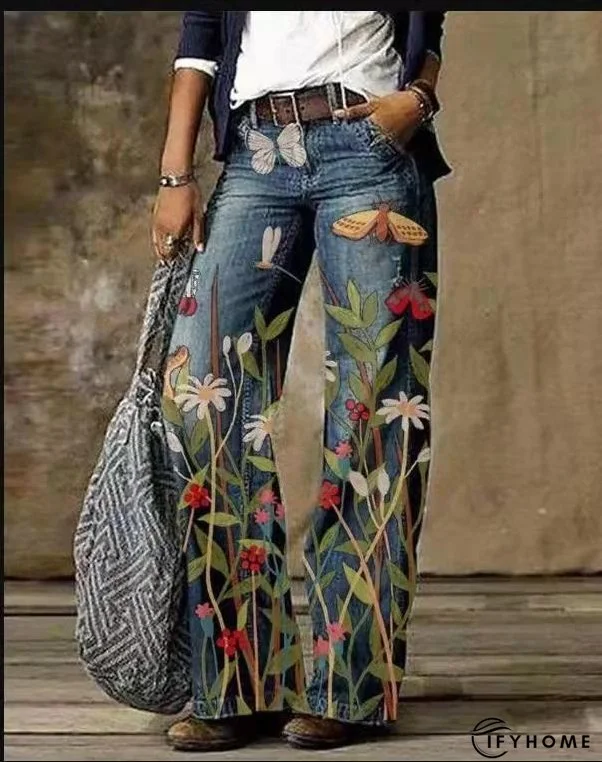 Floral Women's High Waist Straight Leg Wide Fashion Loose Jeans | IFYHOME