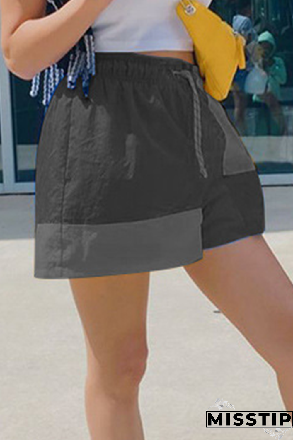 Black Casual Color Block Draw String Straight Mid Waist Straight Patchwork Bottoms