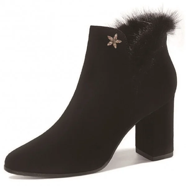 Black Accessories Decorated Furry Block Heels Ankle Boots Nicepairs